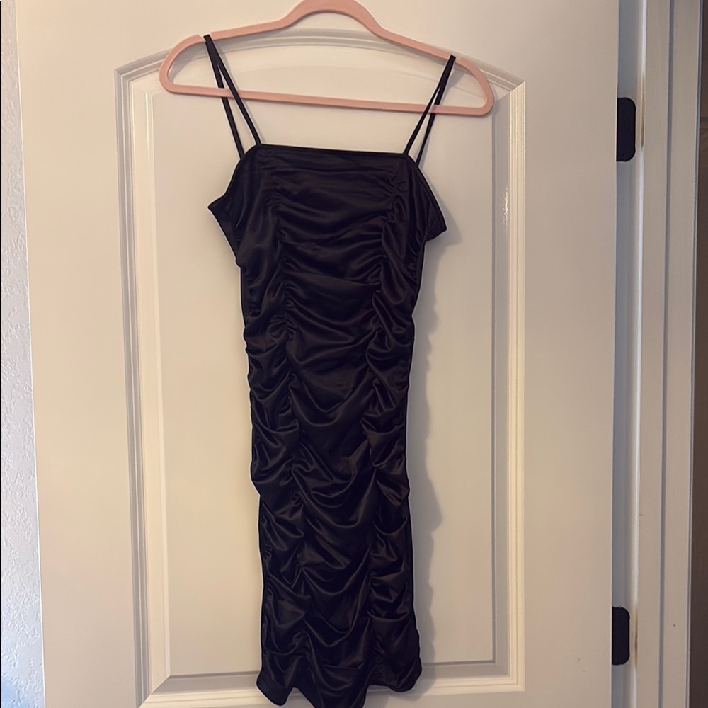 Black Ruched Spaghetti Strap Mini Dress
